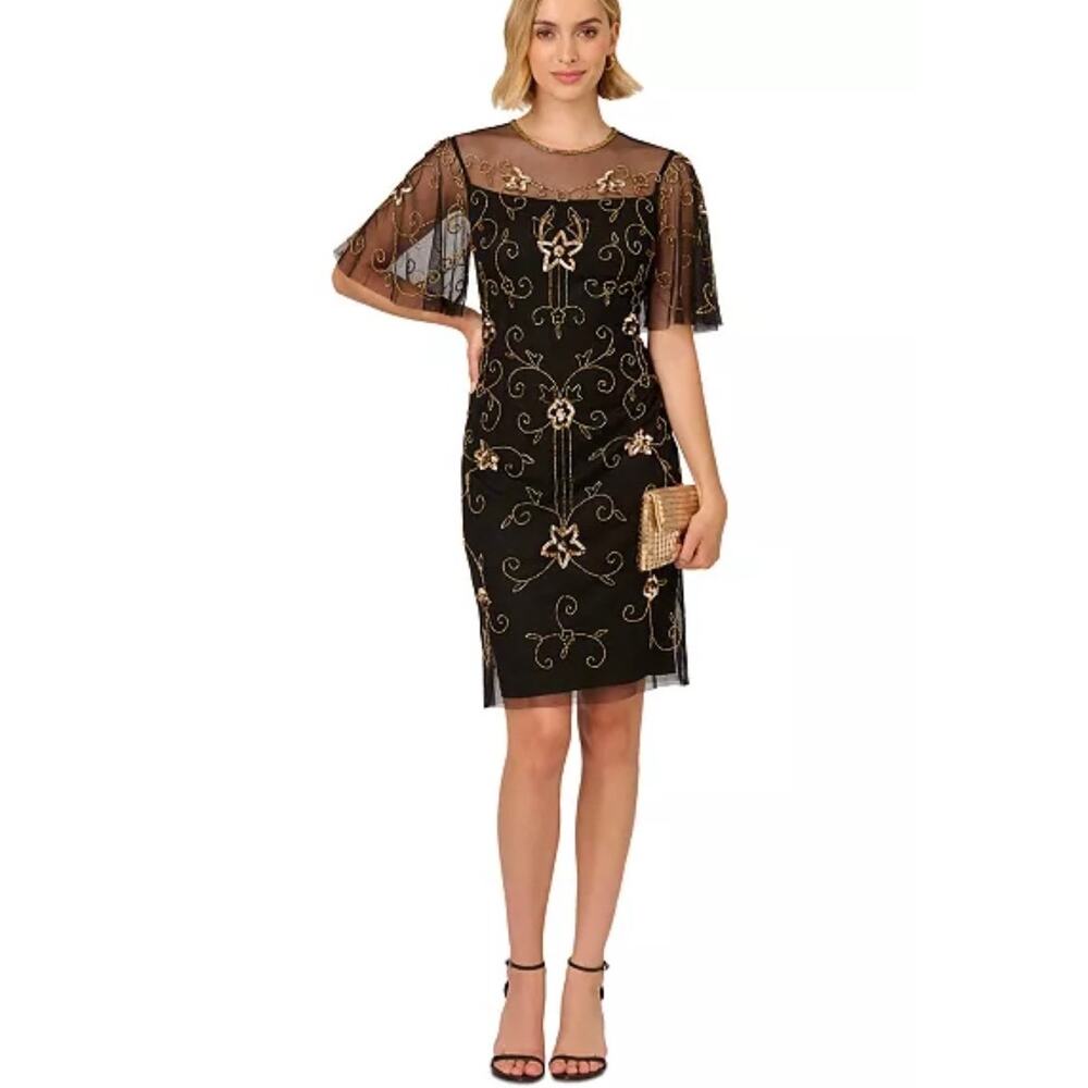 Adrianna Papell 3/4 Sheer Sleeve Beaded Embroidered Black Flower Dress Sz 6